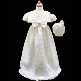 Baby Girls Ivory Bow Flower Lace Long Gown & Bonnet
